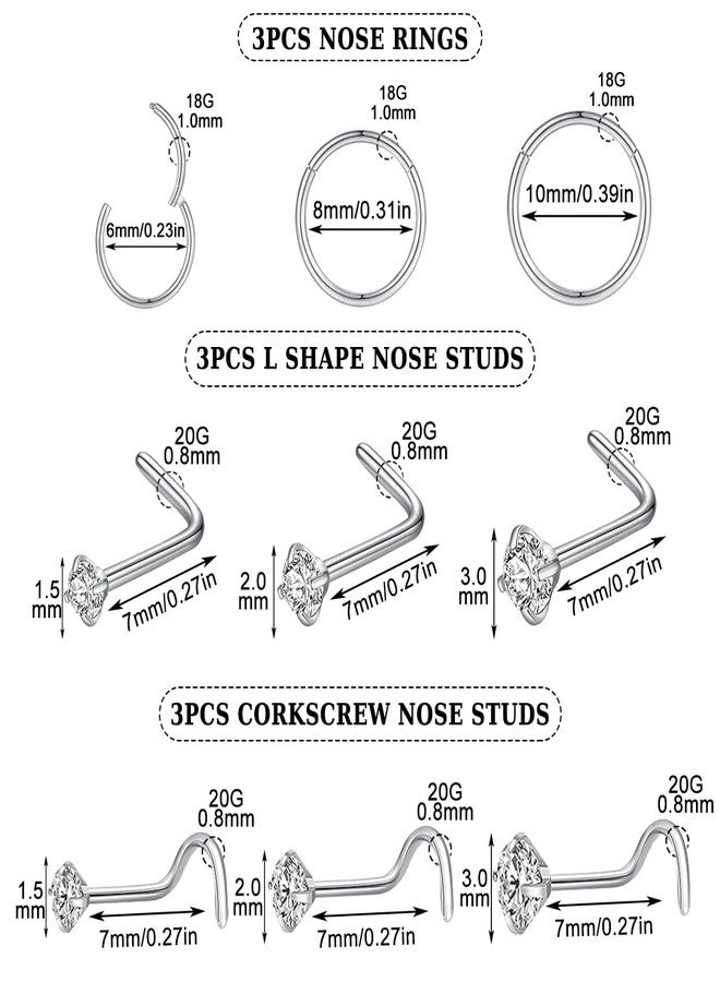 مجموعة دافكا من 9 قطع من حلقات الأنف للرجال والنساء - مصنوعة من الفضة المضادة للحساسية، فولاذ مقاوم للصدأ 316L، حلقات أنف مفصلية عيار 18، أقراط أنف عيار 20، حلقات أنف حلزونية على شكل حرف L لثقب الأنف المتعدد والأذنين الحساسة - Image 2